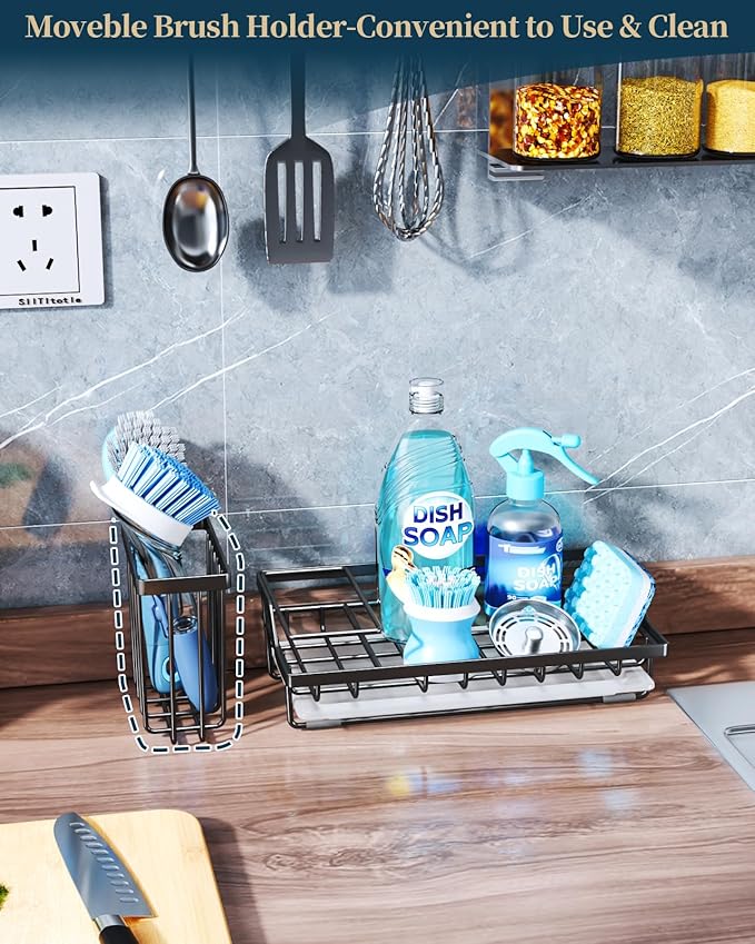 Consumest Sink Caddy, Kitchen Sponge Holder with Dish Brush Holder, Kitchen Sink Organizer with Drip Tray for Countertop Stainless Steel Rustproof, Black-Large-NeatNest