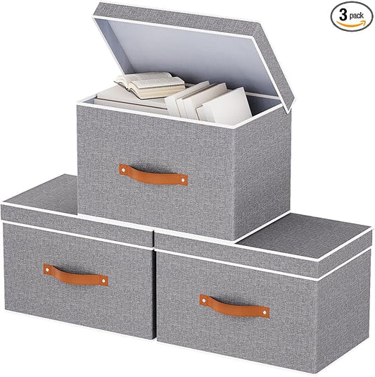 Fabric Storage Bins with Lids, Linen Foldable Clothes Boxes, Closet Organizer Containers with Double Handles, Baskets for Bedroom, Grey, 3 Pack, 13 x 9.1 x 7.9 Inch-NeatNest