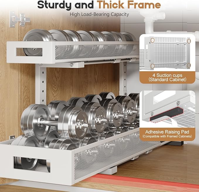 1 Pack 20.47IN Depth Under Sink Storage Organizer, Large 2-Tier Elegant Mesh Pull Out Shelf for Kitchen and Bathroom Cabinet Organization, L-Shaped and Adjustable Height Design-White-NeatNest