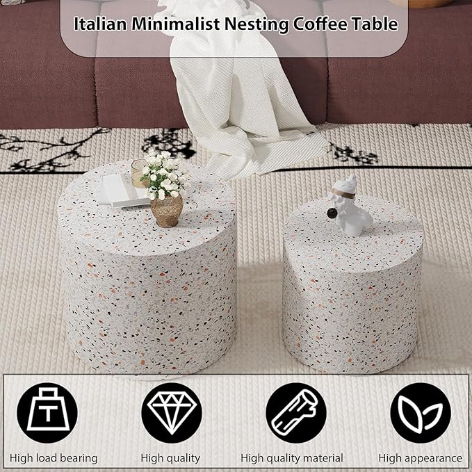 Round Nesting Coffee Table Set of 2 Circle Nested Coffee Tables Modern Terrazzo Coffee Table Set of 2 Wooden Drum End Side Tables for Living Room Bedroom Small Spaces (terrazzo)