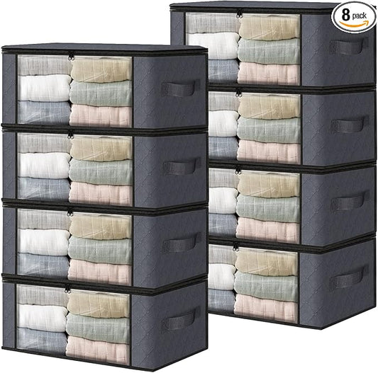 HomeHacks Storage 8-Pack Clothes Organizer Storage Bags Foldable Storage Box with Large Clear Window Sturdy Handles for Closet, Dorm, Pillows, Bedding, Clothes, Blankets, 35L, Grey-NeatNest
