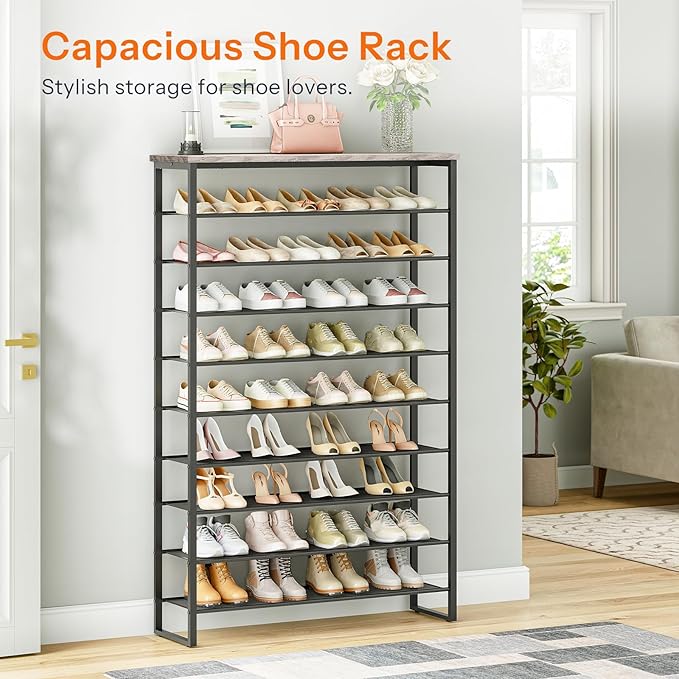 HOOBRO 10-Tier Shoe Rack, 39.4" L Shoe Storage Organizer, Large Capacity Shoe Shelf for Front Door Entrance, Entryway, Hallway, Holds 45-50 Pairs of Shoes, Closet, Greige and Black BG171XJ01-NeatNest