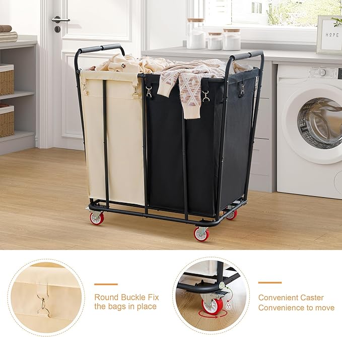 Hoctieon 2 Section Laundry Sorter Cart, 400L Rolling Hamper with Wheels, Industrial Laundry Basket Organizer, Extra Large Dirty Clothes Hamper for Home & Hotel, Heavy Duty, Black+Beige-NeatNest