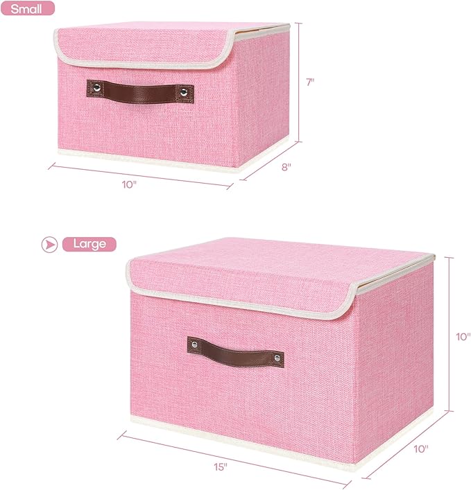 ANMINY 2PCS Storage Bins with Lid PU Leather Handles Storage Boxes PP Plastic Board Decorative Foldable Lidded Cotton Linen Fabric Home Cubes Baskets Closet Organizer Containers - Pink, Large Size-NeatNest