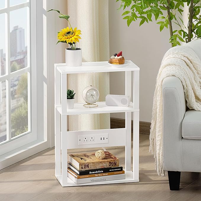 3-Tier Small Narrow Wood Side Table Set of 2 with Charging Station - Skinny Nightstand for Small Spaces, Slim Bedside Table with USB Ports and Outlets - Thin End Table with Storage, White