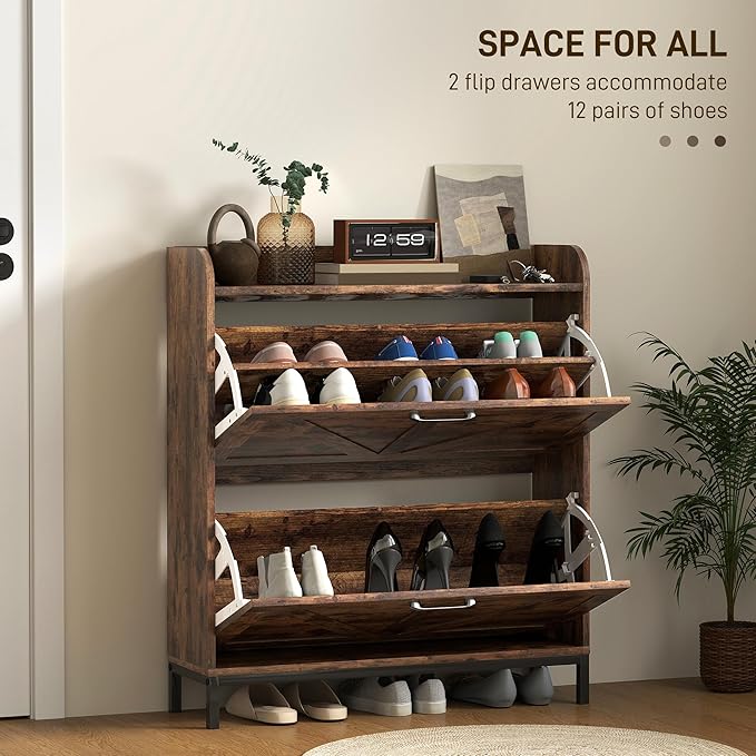 HOMCOM Shoe Storage Cabinet with 2 Flip Drawers, Legs, Farmhouse Freestanding Narrow Shoe Cabinet, Slim Hidden Rack Organizer for Entryway, Hallway, Rustic Brown Wood Grain-NeatNest