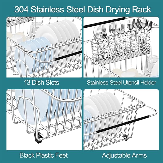 Large Dish Drying Rack in Sink Expandable, Adjustable304 Stainless Steel Metal Dish DrainerRack Organizer with Stainless Steel Utensil Holder Over Inside Sink Counter, Rustproof