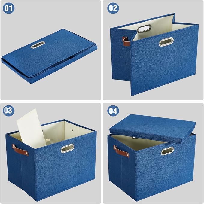 17" Large Collapsible Storage Bins with Lids, Stackable Closet Organizers with PU Handle and Labels, 3-Pack Decorative Fabric Storage Boxes for Home, Bedroom, Closet, Office, Nursery(Navy)-NeatNest