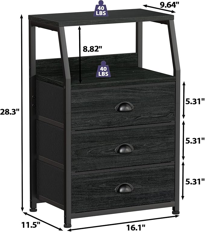 Furnulem Black Night Stand, Small Dresser for Bedroom, Nightstand with 3 Fabric Storage Drawers and 2-Tier Shelf, End Table Side Furniture for Closet, Hallway, Nursery, Sturdy Steel Frame, Wood Top-NeatNest