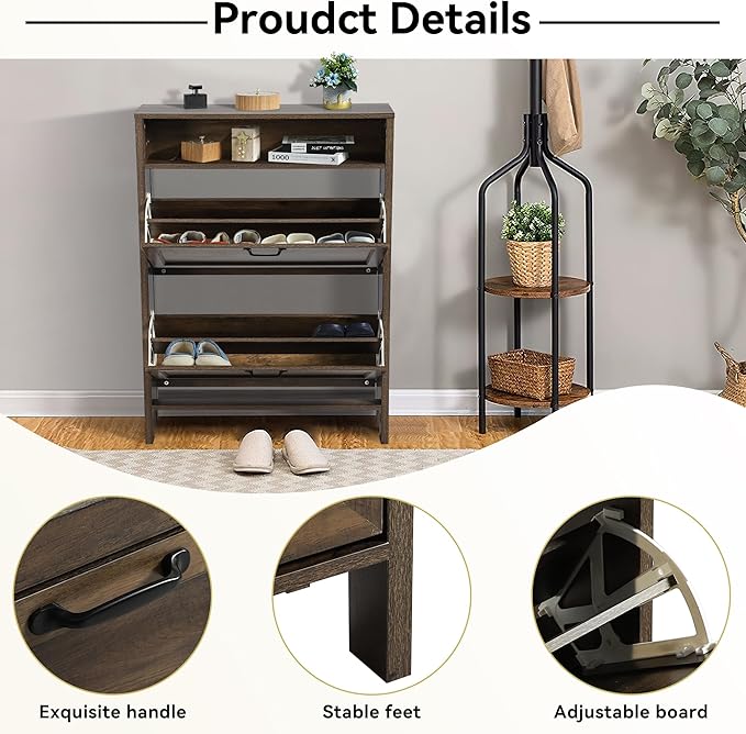 Shoe Cabinet with 2 Flip Drawers, Narrow Shoe Storage Cabinet, Freestanding Shoe Cabinet Organizer, Hidden Shoe Rack Cabinet for Entryway, Hallway (2-Drawers, Brown/2-drawers)-NeatNest