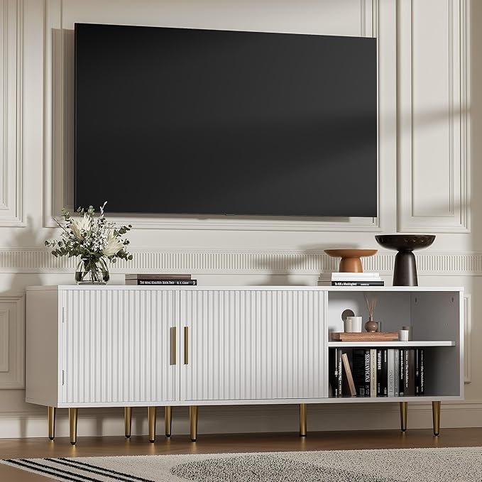 Combined Modern TV Stand for 55/60/65 inch TV, Small Entertainment Center with Adjustable Shelf, TV Media Stand with Storage Cabinet, TV Console with Gold Legs for Living Room, Bedroom, White-NeatNest