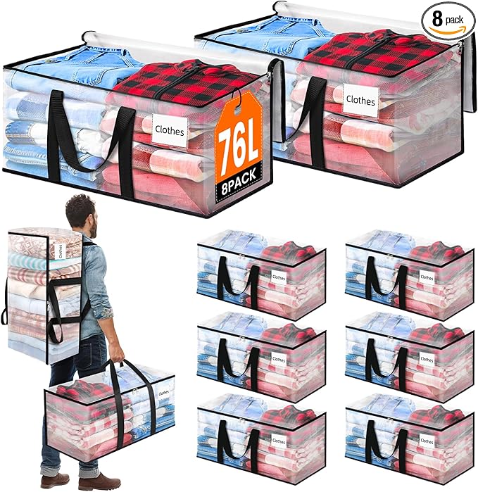 BlissTotes 8-Pack Large Moving Bags with Backpack Straps & Strong Zippers, Heavy-Duty Storage Bags Moving Boxes for Space Saving, Dorms, Transport, 76L-20 Gallons, Clear-NeatNest