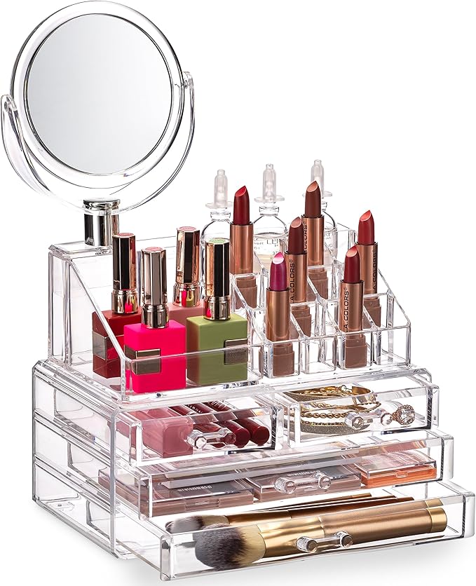 Masirs Clear Makeup Organizer with Mirror – 16-Compartment Cosmetic and Jewelry Holder, 4-Drawer Vanity Storage, Elegant Clear Design for Makeup and Accessories-NeatNest