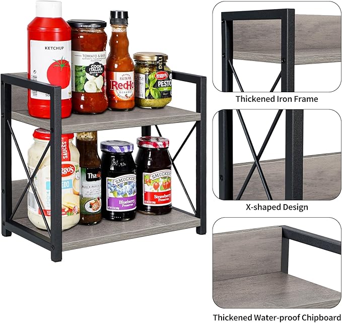 Giikin Countertop Shelf Organizer, 2 Tier Kitchen Spice Rack Organizer for Countertop, Wood Coffee Counter Shelf Organizer for Home (Grey, S)-NeatNest
