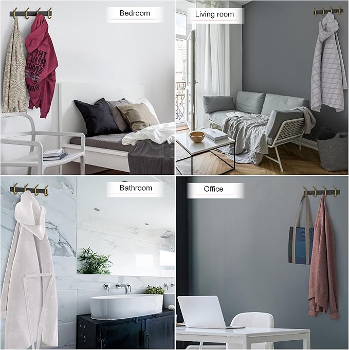 Coat Rack Wall Mount – Black and Gold Hook Rail with 4 Double Coat Hooks, 12 Inch Stainless Steel Wall Hooks for Entryway, Bathroom, Bedroom, Closet, Towel, Hat, Bag, Heavy Duty Organizer-NeatNest