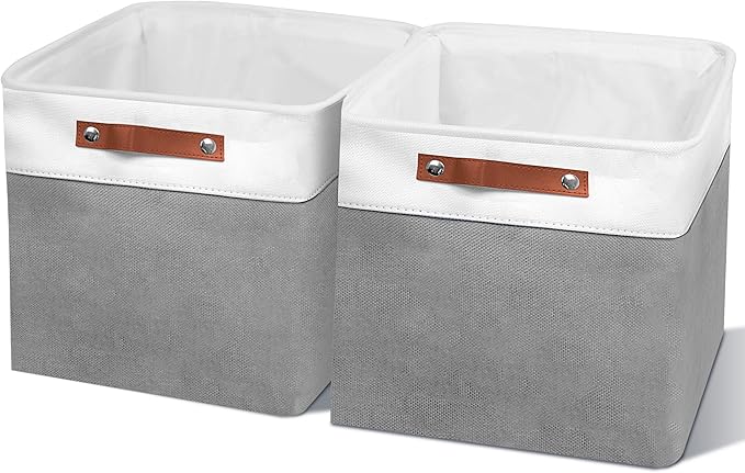 11in Open Fabric Storage Basket with Leather Handles for Organizing, Collapsible Linen Closet Bins for Shelves, Closets, Laundry, Decorative Basket for Gifts. (White＆Gray, 2PCS/11x11in)-NeatNest
