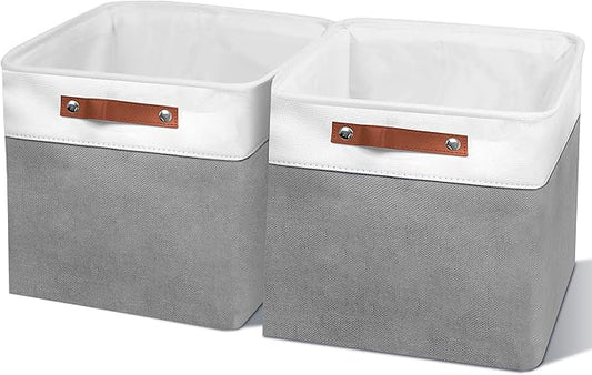 11in Open Fabric Storage Basket with Leather Handles for Organizing, Collapsible Linen Closet Bins for Shelves, Closets, Laundry, Decorative Basket for Gifts. (White＆Gray, 2PCS/11x11in)-NeatNest