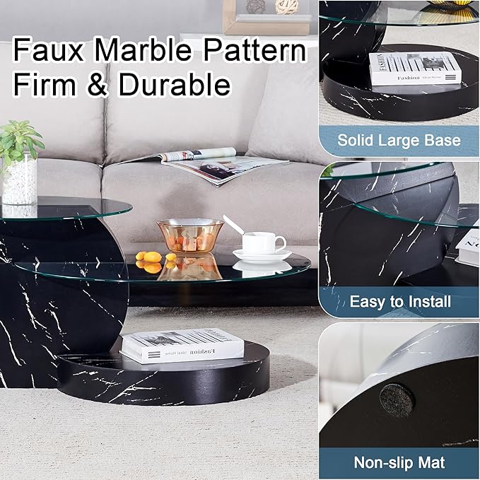 Glass Coffee Tables for Living Room Round Coffee Tables Modern Double Layer Round Table Circle Coffee Table for Small Space Home Office (35.4 Inch Black)