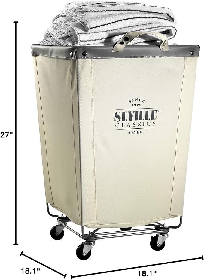 Seville Classics Large Commercial Heavy Duty Rolling Steel Frame Laundry Hamper Canvas Cart Bin, w/ Wheels for Hotel, Home, Closet, Bedroom (PATENTED), Cream, 18.1" D x 18.1" W