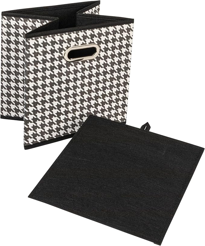 Household Essentials Fabric Storage Cube Bins, 6 Piece Set, Strong Poly-Woven Fabric, Chipboard Sides, Grommet Front Handle, Stackable and Foldable, Classic Design, Black and White Houndstooth