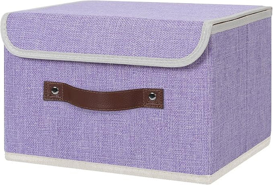 ANMINY Storage Bin with Lid Storage Boxes with PU Leather Handles PP Plastic Board Decorative Foldable Lidded Cotton Linen Fabric Home Cubes Baskets Closet Organizer Container - Purple, Small Size-NeatNest