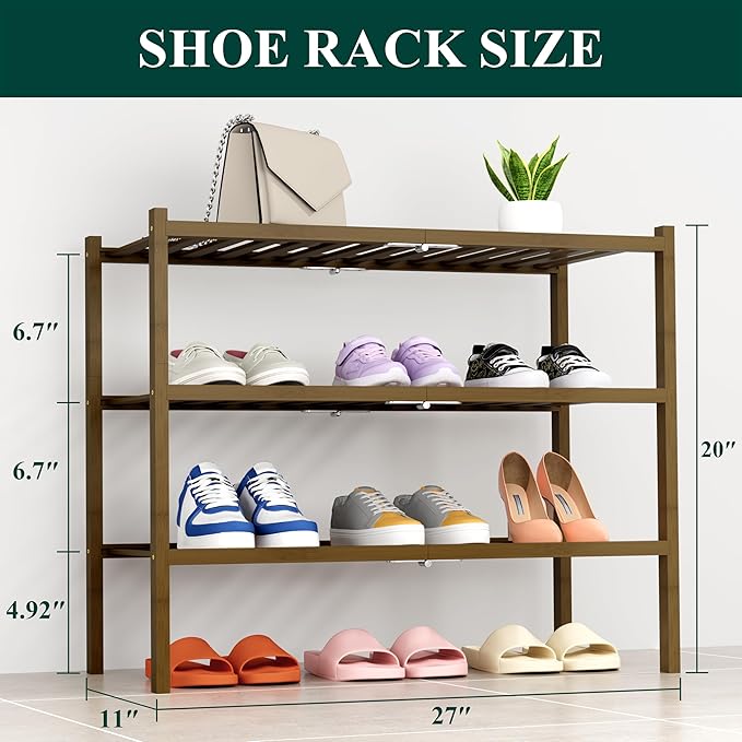 Smiry Shoe Rack, 3 Tier Thick Bamboo Shoe Organizer, Stackable Free Standing Wooden Shoe Storage Shelf for Closet, Entryway, Front Door Entrance, Walnut-NeatNest