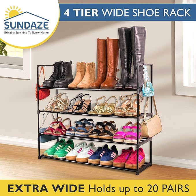 Sundaze Shoe Rack - 4 Tier Metal Shoe Rack for Front Door Entrance, Sturdy Long Shoe Organizer for Closet, Bedroom, Entryway, Garage, Black Metal Shoe Shelf, Holds Up to 20 Pairs-NeatNest