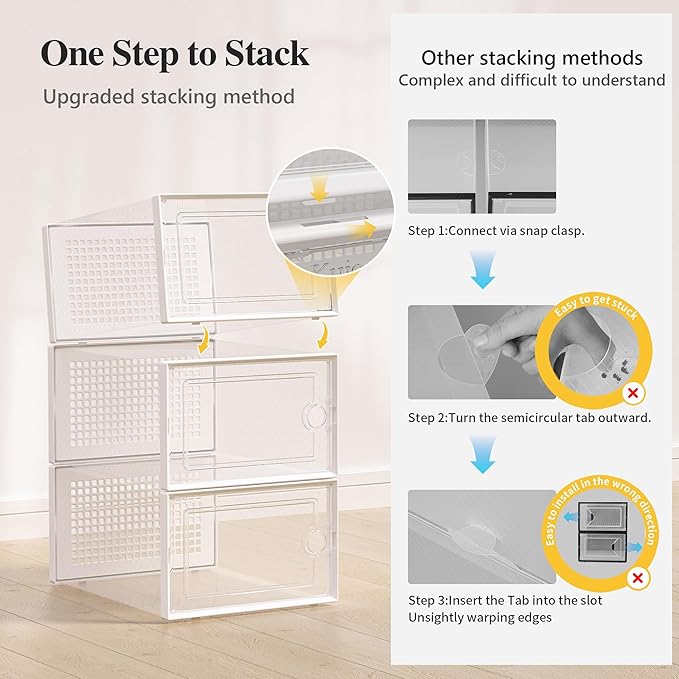 Kuject X-Large Shoe Storage Boxes Organizers Clear Plastic Stackable 12 Pack, Shoe Rack & Holder Substitute, Sneaker Containers, Toy Storage Organizer Bins for Entryway, Closet, Under Bed, White-NeatNest