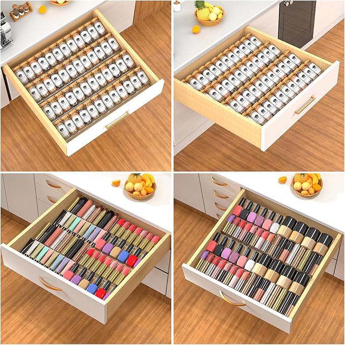 4-Tier Non-Slip Spice Drawer Organizer, 4-Pack Checkered Frosted Clear Acrylic, Expandable (11''-22'') Spice Rack for Kitchen Drawer Storage – Holds Seasonings, Herbs, and Spices (Jars Not Included)-NeatNest