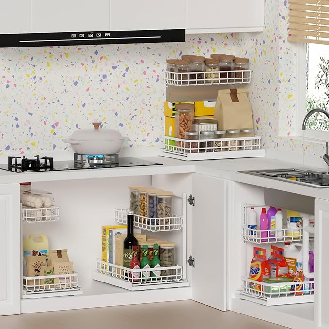 Under Sink Organizer, Adjustable Height Pull-Out Kitchen Storage Organization,15.8" x 11.8" x 16.5",2-Tier Kitchen Shelf,Bathroom Drawer Organizer, White-NeatNest