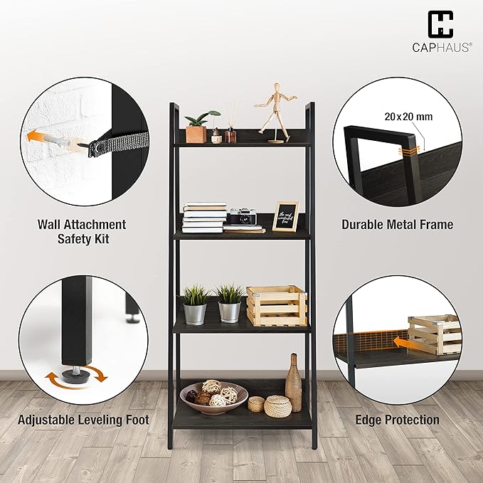 CAPHAUS 4 Tier Ladder Bookshelf, 24 Inch Width Free Standing Shelf, Bookcase Shelf Storage Rack Organizer, Industrial Book Shelves for Home Office, Living Room, Kitchen, Black Wooden Shelves-NeatNest