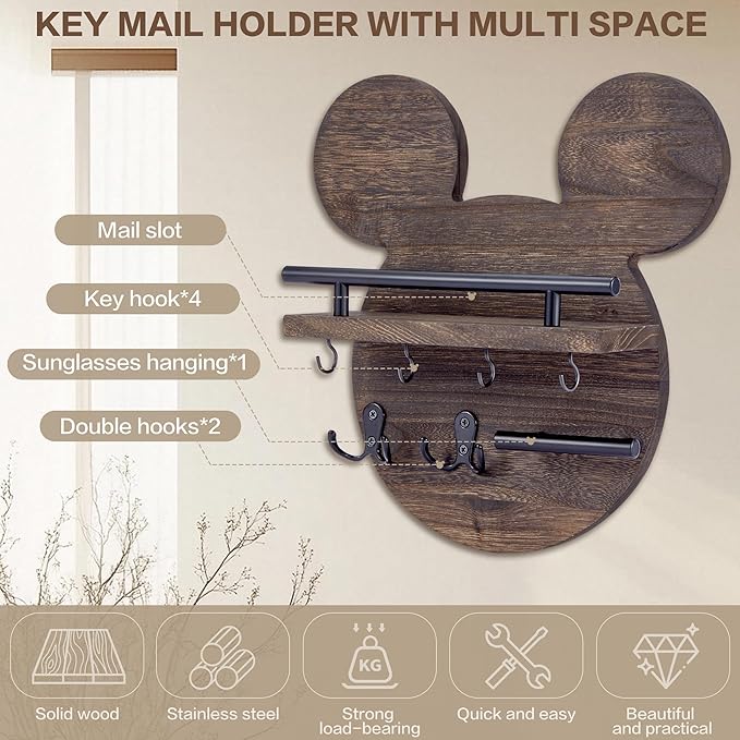 AIRPOP Disn Key Holder for Wall–Mouse Wooden Mail Organizer Wall Mount with Shelf and 6 Hooks, Easy Installation Key Rack Hanger for Entryway Living Room Home Decor (Brown)