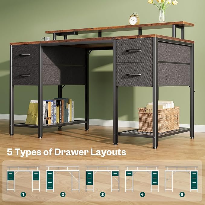Huuger 55 inch Computer Desk with 4 Drawers, Gaming Desk with LED Lights & Power Outlets, Home Office Desk with Large Storage Space for Bedroom, Work from Home, Rustic Brown-NeatNest
