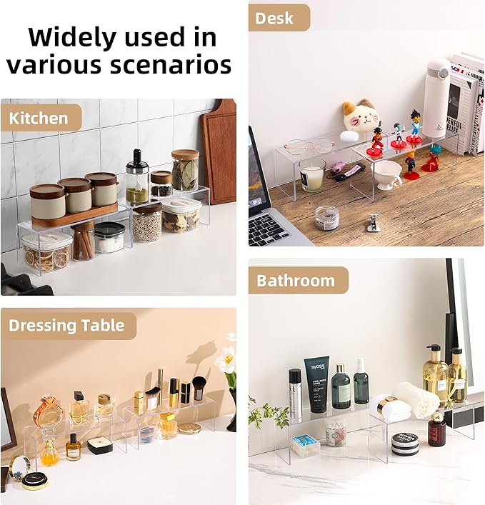 4 Packs Cabinet Organizer Shelf, Acrylic Kitchen Counter Shelves Organizer, Spice Rack for Dishes, Spices, Soda Cans and Bottles（12.4 x 4 x 4.6 inch）-NeatNest