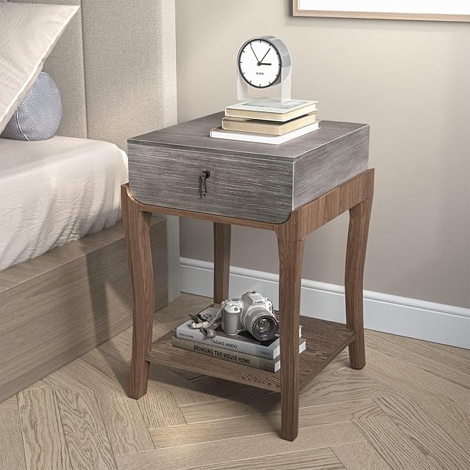 COSIEST Rustic Nightstand, 2-Tier Farmhouse Bedside Table, Wood Accent End Table with Storage Drawer and Open Display Shelf for Bedroom Nursery Living Room (Black & Silver)-NeatNest