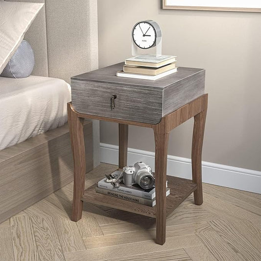 COSIEST Set of 2 Rustic Nightstand, 2-Tier Farmhouse Bedside Table, Wood Accent End Table with Storage Drawer and Open Display Shelf for Bedroom Nursery Living Room (Walnut & Silver)-NeatNest