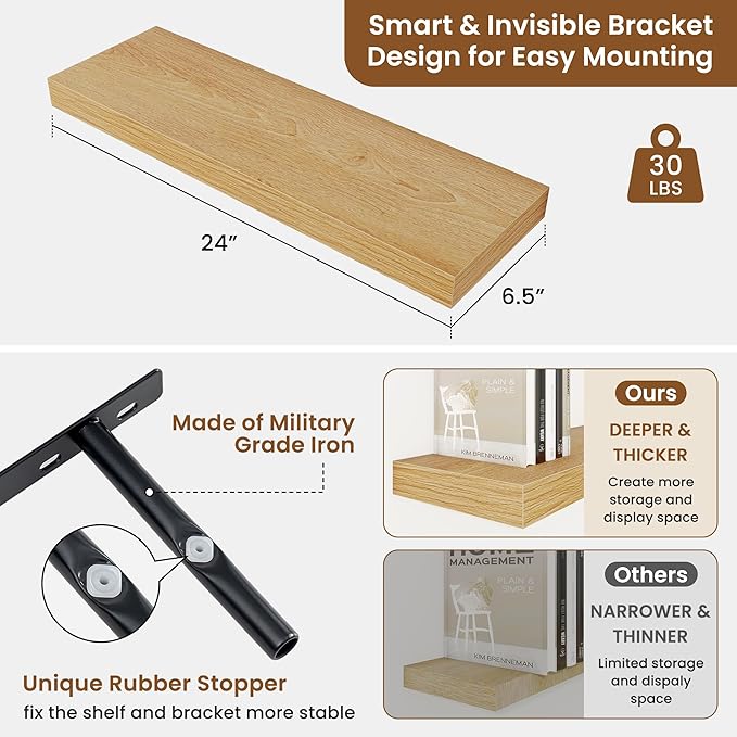 fuqing Floating Shelves for Wall, Bathroom Shelf Wall Mounted for Storage, Shelves with Invisible Bracket for Bedroom, Kitchen, Living Room, Farmhouse Small Book Shelf, 24 Inch Set of 2, Oak-NeatNest