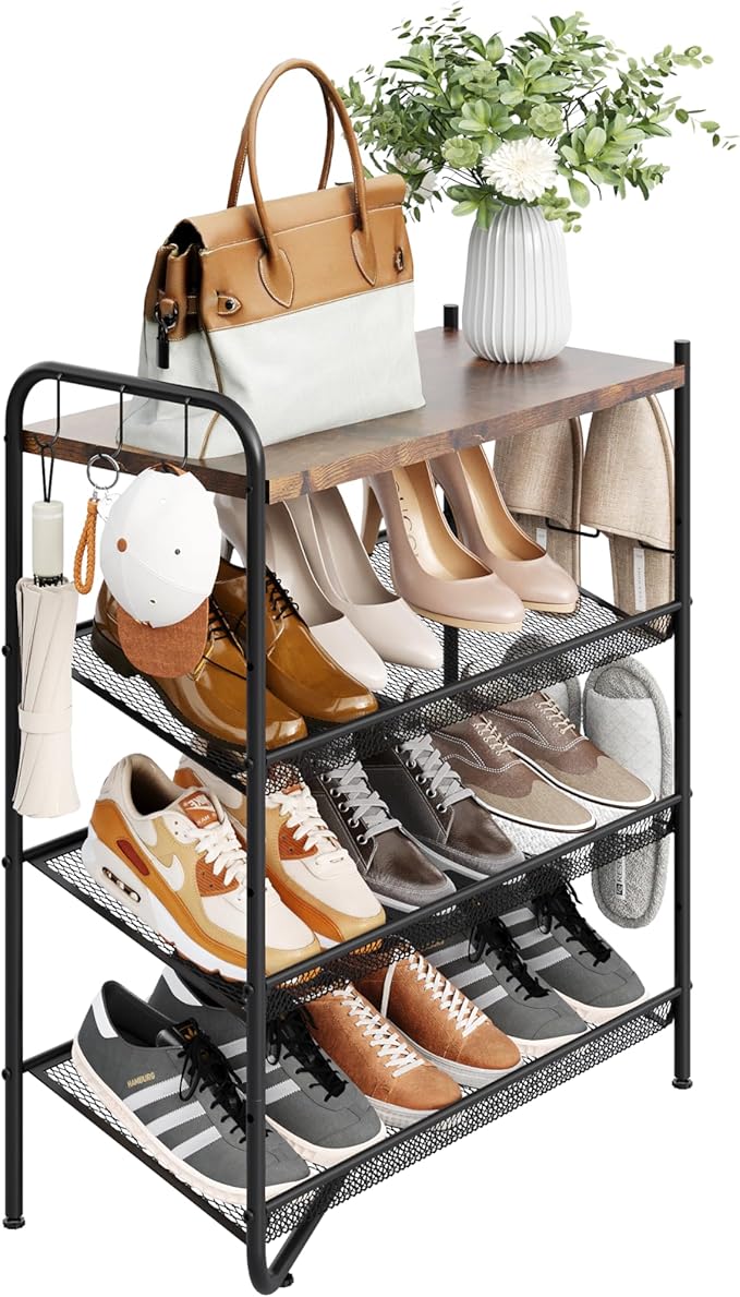4 Tier Shoe Rack for Entryway, Metal Shoe Rack Organizer Holds 15 Pairs Shoes, Front Door Shoe Storage with Rustic Brown Wooden Top, Vertical shoe rack for Space Saving Shoe Organizer (4-Tiers)-NeatNest