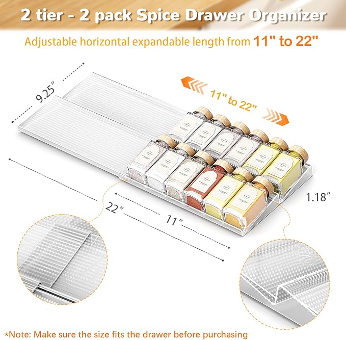 2-Tier Spice Drawer Organizer 2 Pack, Expandable from 11" to 22" Clear Acrylic Spice Rack for Drawer, Kitchen Spice Organization, Seasoning Organizer Holds Up to 24 Jars(Jars Not Included)-NeatNest