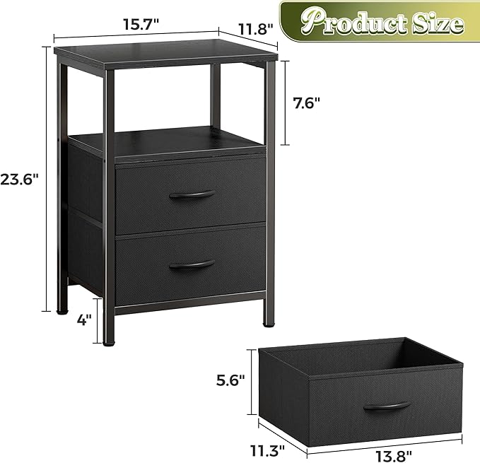 Huuger Night Stand with 2 Drawers, Bed Side Table with Open Shelf, Wooden Top, Nightstand for Bedroom, End Table for Small Space, Fabric Drawer, Black