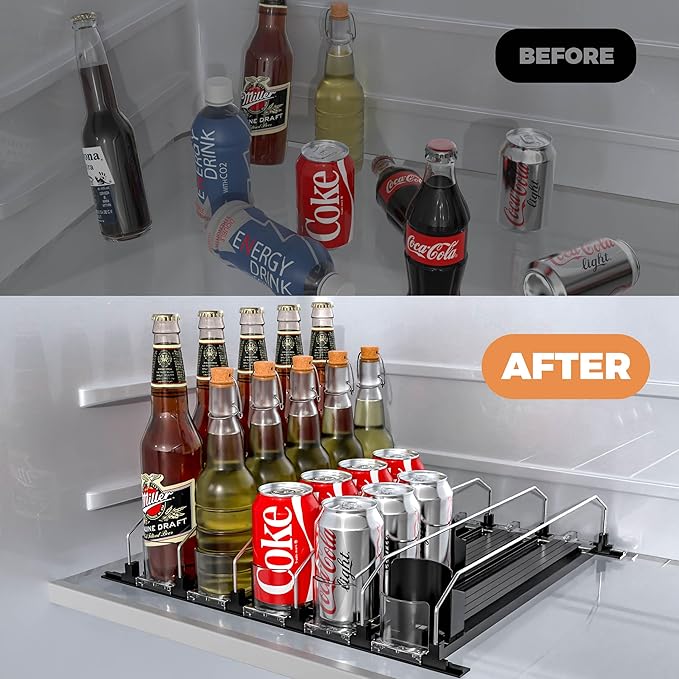 5 Rows Drink Organizer for Fridge, 15'' Soda Can Dispenser for Refrigerator with Pusher Glide, Width Adjustable Fridge Can Organization Hold Up to 25 Cans (Black)
