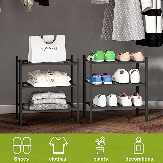 BMOSU 3-Tier Bamboo Small Shoe Rack Premium Stackable Shoe Shelf Storage Organizer for Hallway Closet Living Room Entryway Organizer (Black Bamboo)-NeatNest
