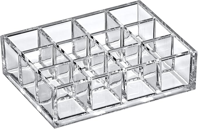 Amazing Abby - Allure - 12-Slot Acrylic Lipstick Organizer, Lipstick Holder, Lip Gloss Holder, Cosmetic Storage Display, Perfect Storage Solution for Drawer and Vanity (Slot Size: 1.0" x 1.0")-NeatNest