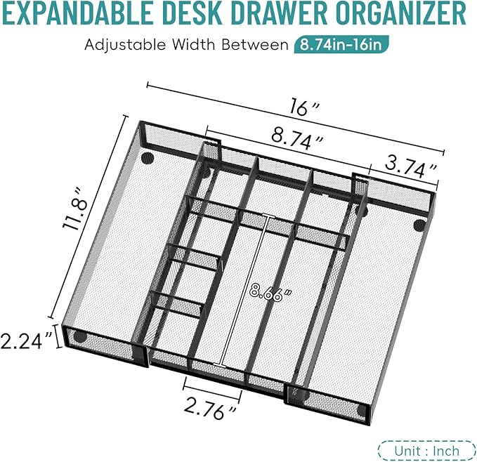 Expandable Desk Drawer Organizer, 10 Adjustable Compartments Mesh Tray with 5 Dividers, Versatile Storage for Office Supplies Makeup Vanity & Jewelry (Black)-NeatNest