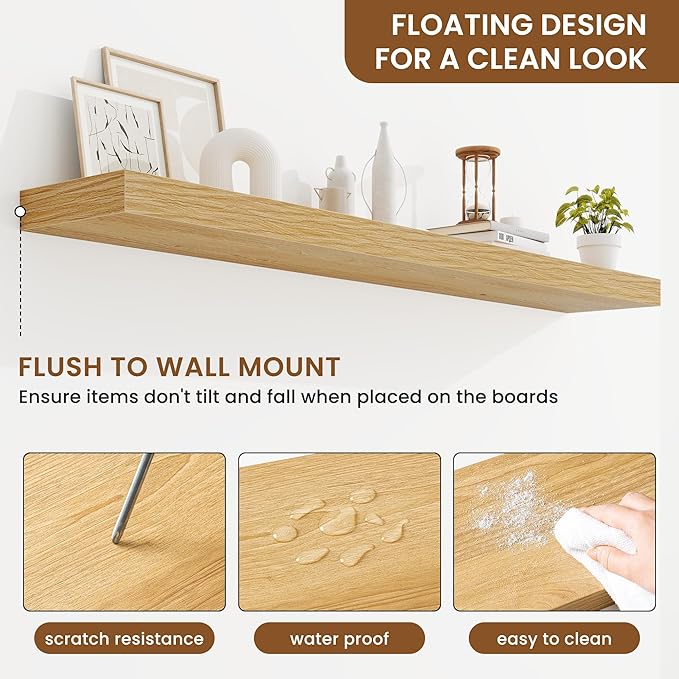 fuqing Floating Shelves for Wall, Bathroom Shelf Wall Mounted for Storage, Shelves with Invisible Bracket for Bedroom, Kitchen, Living Room, Farmhouse Small Book Shelf, 55 Inch Set of 2, Oak-NeatNest