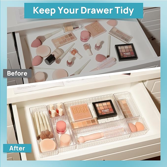 Vtopmart 7 PCS Clear Drawer Organizers Bins, 4-Size Stackable Makeup and Vanity Drawer Organizer Trays, Acrylic Bathroom Drawer Storage Containers for Cosmetic, Office Supply, Kitchen Utensils Gadgets-NeatNest