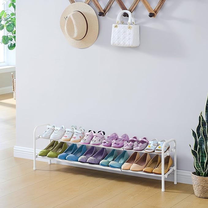 Shoe Rack 2 Tier,41.53'' Adjustable Metal Shoe Organizer for Closet, Bedroom, Entryway,Holds Up to 12 Pairs Shoes,Expandable,White-NeatNest