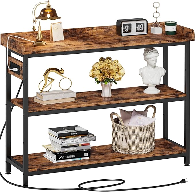 IRONCK Console Table, Sofa Table with Power Outlet, Farmhouse Hallway Table for Entryway, Living Room, Height Adjustable, Easy Assembly, Rustic Brown, 43"-NeatNest