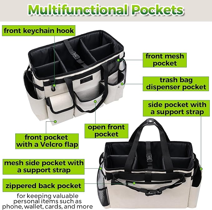 Cleaning Caddy Organizer with Handle - Large Caddy Bag for House & Bathroom Cleaning Supplies, 15 x 8 x 10.5 inches Cleaning Supply Caddy, Housekeeping Tote with Adjustable Strap - Beige-NeatNest