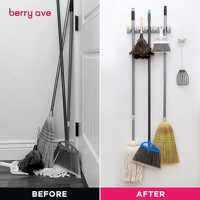 Berry Ave Broom Holder and Garden Tool Organizer Rake or Mop Handles Up to 1.25-Inches (White, 2pk)-NeatNest